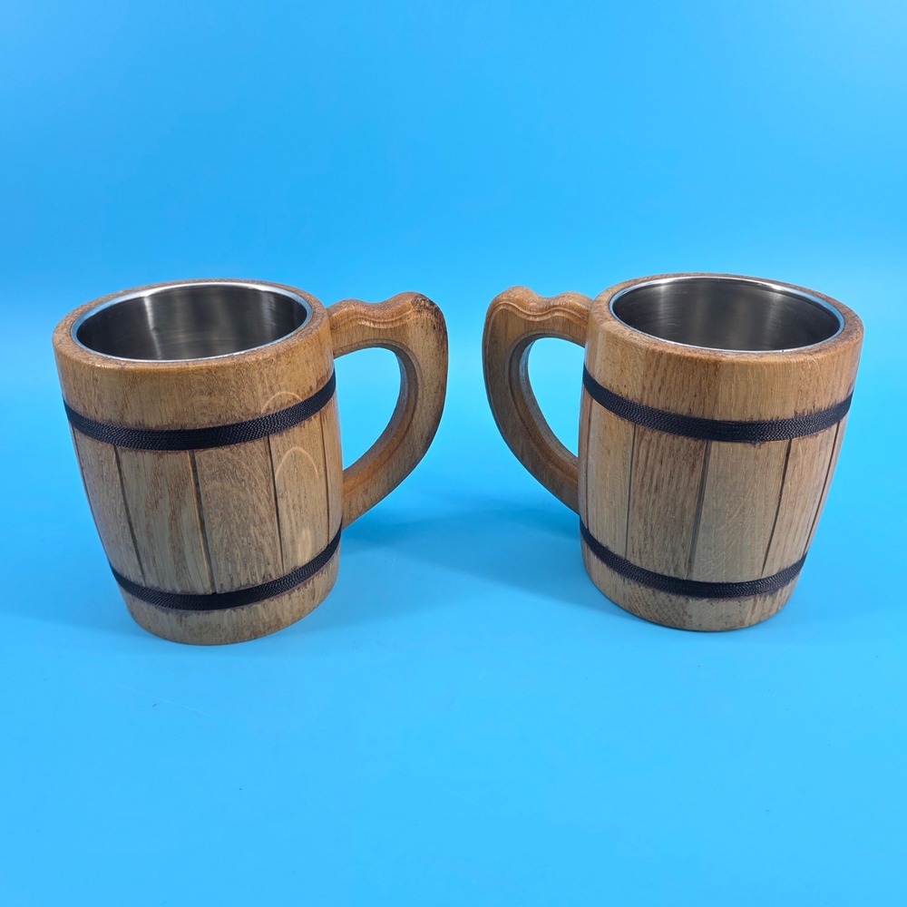 Set of 2 Wooden Barrel Beer Mugs Stainless Steel Lined Rustic Viking Steins‎